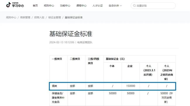 抖音关于对酒水类目保证金的规定（图源：抖音学习中心）