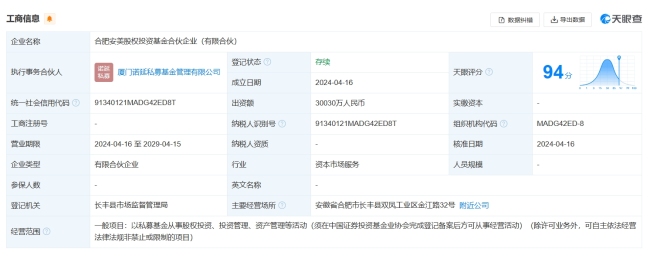 中国平安等出资额3亿，成立合肥安美股权投资基金